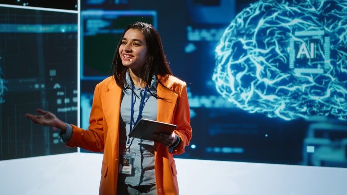 Happy,Speaker,Doing,Presentation,At,Tech,Conference,,Explore,Ways,Emerging