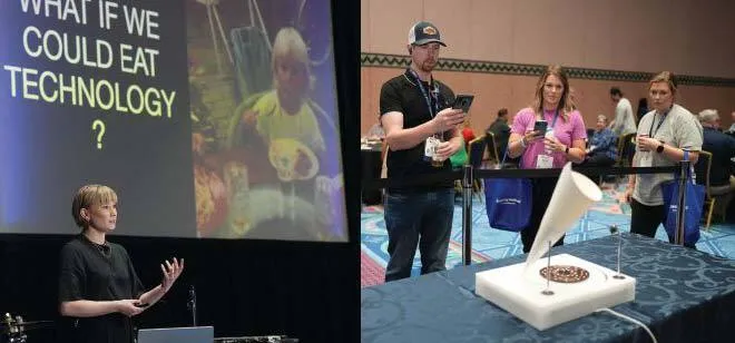 Designer, innovator, and kickoff speaker Erika Marthins (at far left) showcases a prototype chocolate record that allows you to hear what you taste. PHOTOGRAPHY BY HUGHES FIORETTI PHOTOGRAPHY