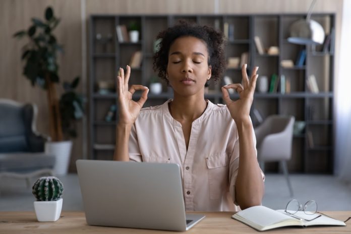 Peaceful,African,Remote,Employee,,Student,Girl,,Business,Woman,Practicing,Concentration