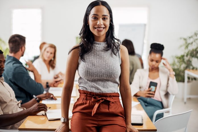 Team,,Meeting,And,Portrait,Of,Woman,In,Office,For,Workshop,